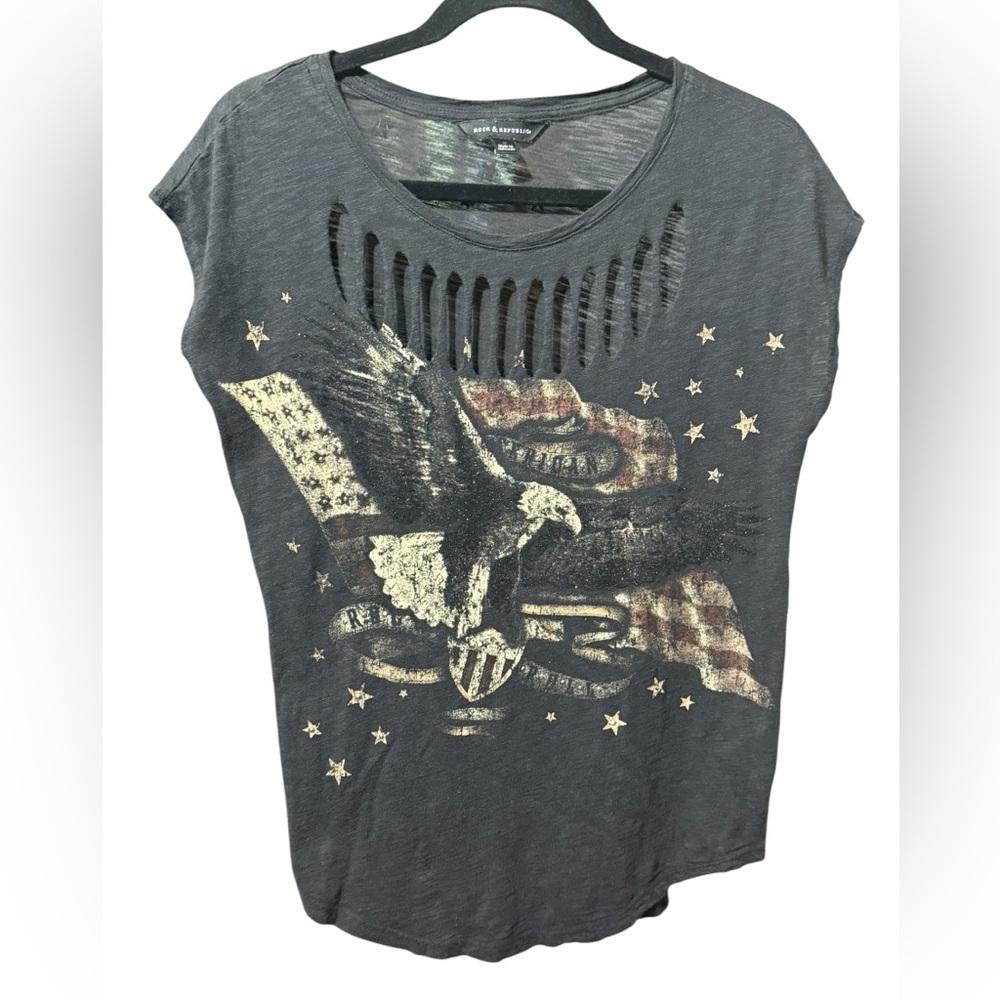 Rock & Republic Distressed Graphic Eagle Tee Edgy Vintage Grunge‎ Y2K Top Sz S